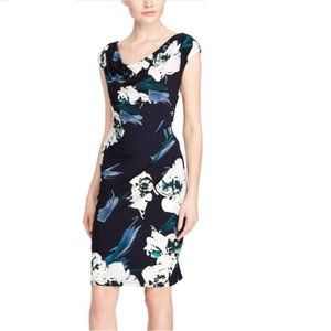 Lauren Ralph Lauren White Floral Navy Sleeveless Cowl Neck Ruched Dress Size 0